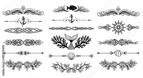 Set of hand drawn vintage nautical dividers and borders with marine elements.