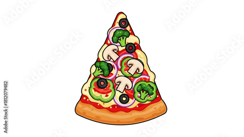 A slice of pizza with toppings of broccoli mushrooms olives and peppers