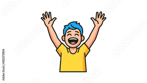A smiling boy with blue hair and a yellow shirt raises his arms