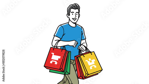 A smiling man in a blue shirt carries shopping bags
