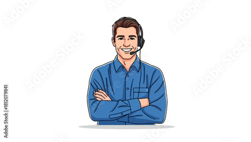A smiling man in a blue shirt and headset with arms crossed