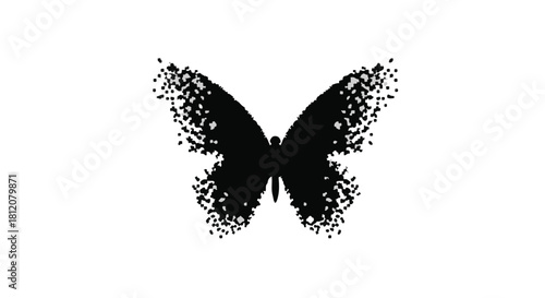 A black butterfly dissolving into a cloud of small particles against a white background, symbolizing transformation.