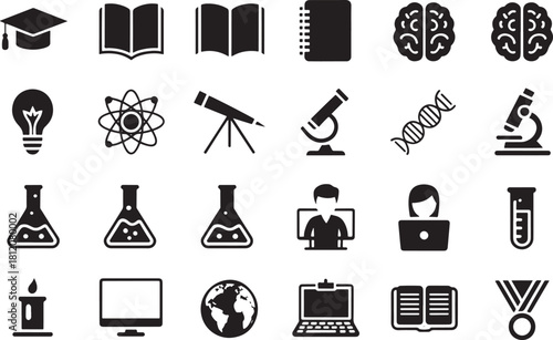 Black minimalist icons for education and science learning