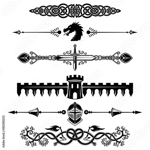 Medieval Fantasy Dividers and Borders Vector Set with Dragon, Sword, Castle, and Knight Helmet.