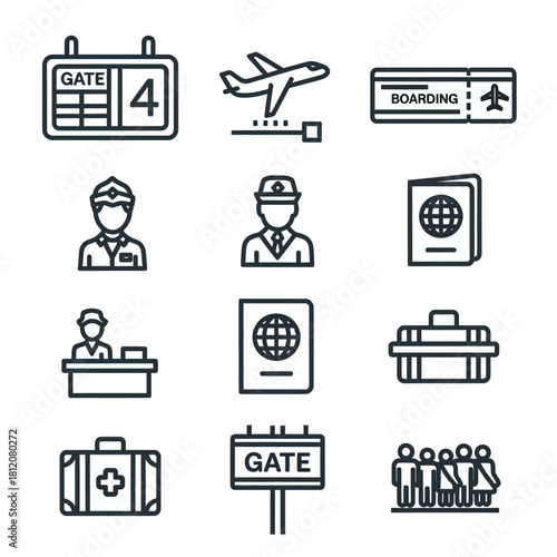 Collection of Airport and Travel Related Line Art Icons.