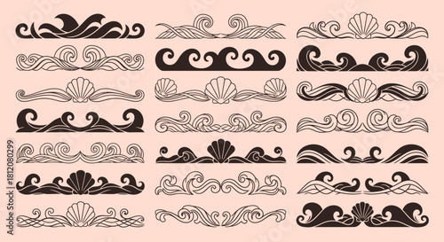 Oceanic Wave and Seashell Decorative Borders and Dividers Set.