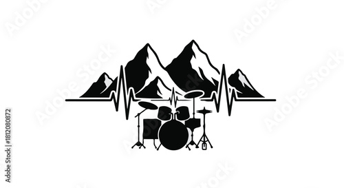 Rhythmic heartbeat pulse merges with mountain peaks and drum set, symbolizing passion for music and adventure.