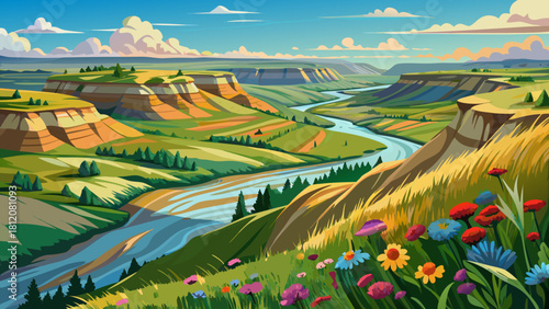 Very beautiful panoramic view of prairie grasslands and colorful wildflowers in the Theodore Roosevelt National Park – North Unit, with the Little Missouri River winding through the rugged North Dakot
