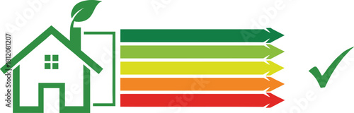Certified energy efficient home concept with a seven-level colored arrow consumption chart and checkmark, ideal for real estate, environmental projects, and utility company advertising.