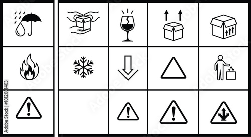 Comprehensive vector icon set for safe product shipping and handling, featuring symbols for fragile, liquid, fire, cold, general hazard, and stacking limits in black line art.