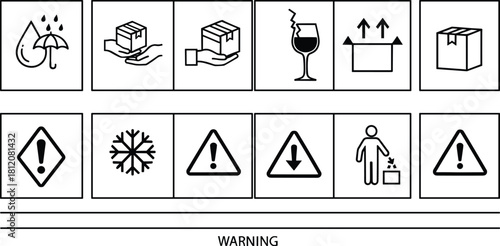Collection of warehouse and logistics instruction graphics, including 'Keep Dry,' 'Handle with Care,' 'Fragile,' 'Do Not Stack,' and cold temperature warnings for packaging design.
