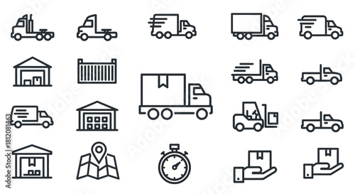 Collection of Black and White Delivery and Logistics Outline Icons on White Background.