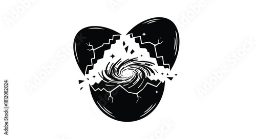 Cracked black heart shape revealing a swirling vortex of light and energy, symbolizing creation or destruction.