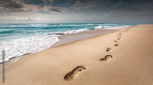 Fototapeta Naklejka Na Ścianę i Meble -  footprints in the sand on the beach with beautiful water waves 