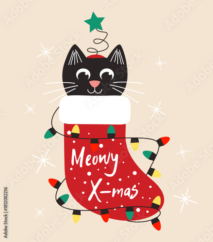 Illustration of a New Year's cat in a sock on a light beige background