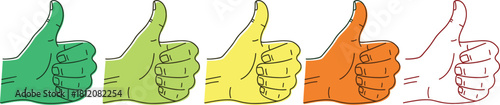 Collection of graphic rating icons featuring approval gesture with colored fill and sketchy lines, representing excellent to poor performance and social media liking scale.