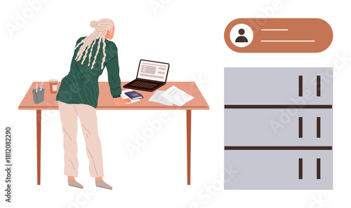 Woman standing at a desk with a laptop, papers, and a coffee cup, next to digital and storage elements. Ideal for remote work, productivity, organization, career workflow planning multitasking. A