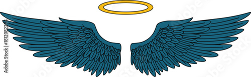 Graphic image featuring a pair of mystical feathered wings and a gold luminous ring, perfect for religious themes, fantasy design, or spiritual branding and logos.
