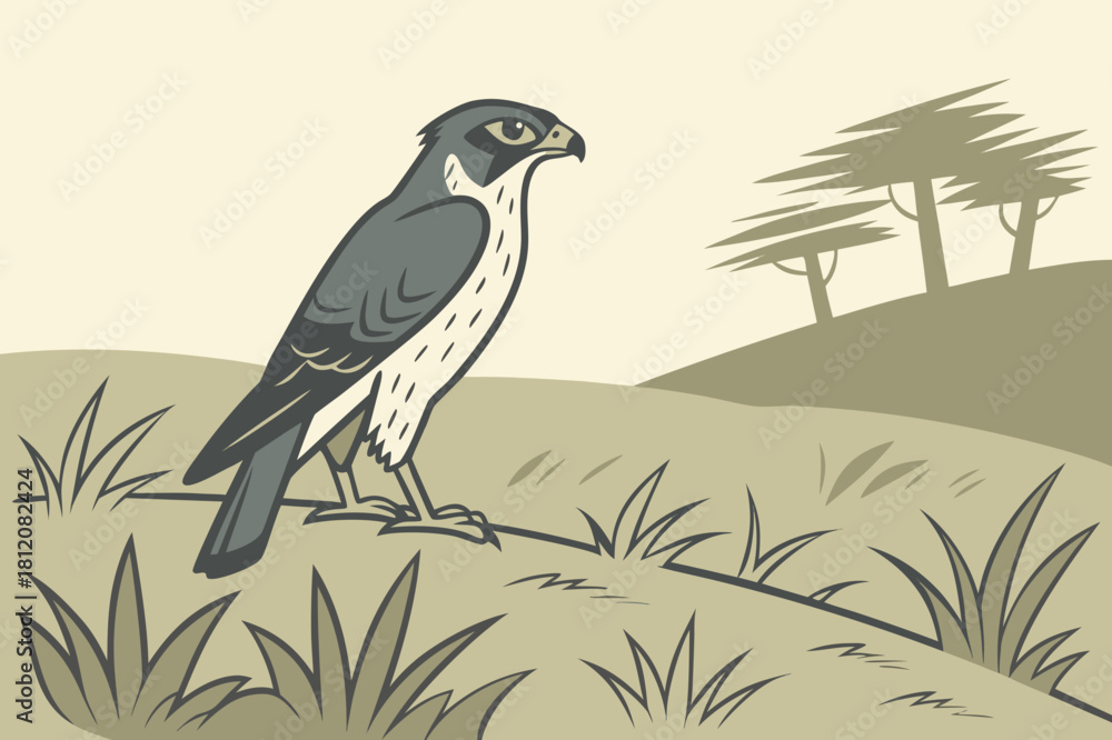 Fototapeta premium Bald Eagle on Grassy Hill with Tree Vector Illustration - Flat Design