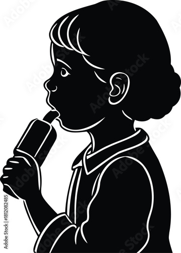 Black silhouette of one person drinking a glass of wine and holding a microphone illustration