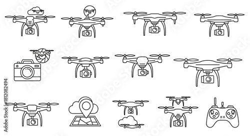 Collection of Black and White Line Art Drones with Cameras and Remote Controls.