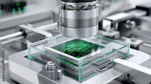 Tools for chip inspection under microscope showing detailed circuit board with green light in laboratory