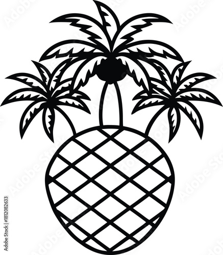 Tropical island vector illustration of a pineapple under a palm tree silhouette on the beach for a summer holiday design