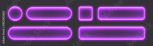 Glossy neon buttons, transparent banners made from glass, purple glowing frames. Futuristic design element. Vector illustration.