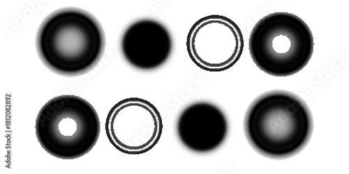 Halftone gradient circles collection. Dots textured round patterns. Cartoon comic radial faded background set. Abstract pixelated elements for frame, poster, collage, banner, flyer. Vector bundle