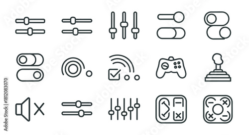 Collection of Black and White Line Art Icons Representing Various Control Settings and Interfaces.