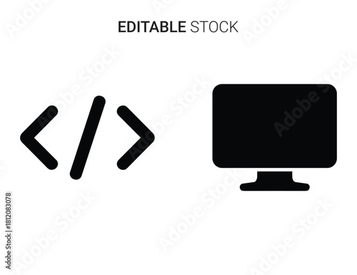 Programming code brackets symbol and desktop computer monitor screen display vector icon