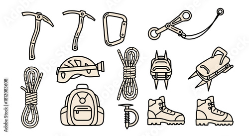Climbing Equipment Set - Ice Axes, Carabiner, Rope, Helmet, Crampons, Boots, Backpack.