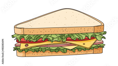 A triangular sandwich with lettuce tomato cheese and ham on white bread