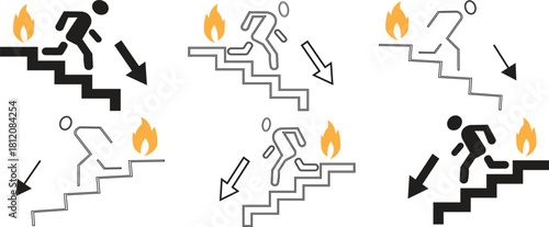 Emergency fire exit icon set with person running downstairs, evacuation signs in solid and outline vector styles for safety and warning design