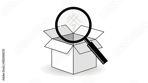 An open cardboard box with a magnifying glass over it