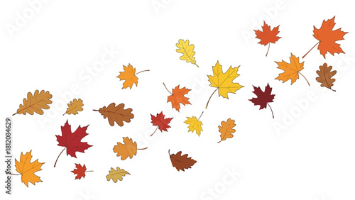 Autumn leaves of various colors and shapes scattered on a white background