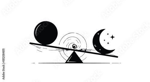 Symbolic balance between a dark sphere and a crescent moon with stars on a simple scale