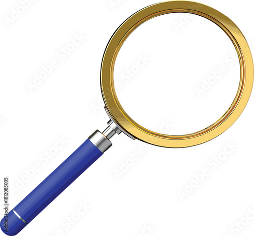 Golden magnifying glass with a blue handle for investigation