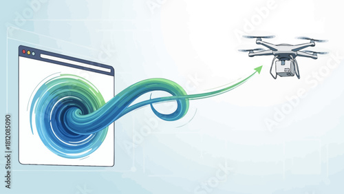 Browser window emitting a blue and green swirl towards a drone