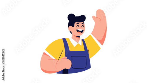 Cartoon character with dark hair yellow shirt and blue overalls waving