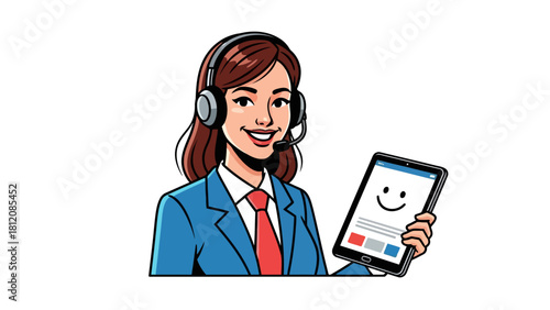 Cartoon woman in blue suit and headphones holds tablet with smiley face
