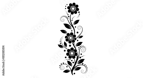 Elegant Floral Vine Design with Black Flowers and Leaves.