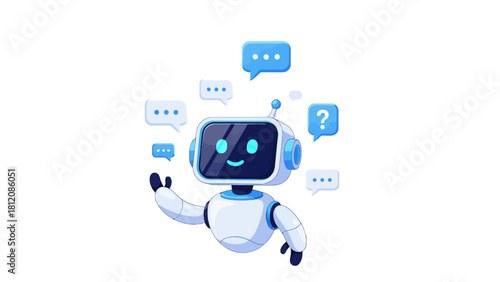 Cute robot with chat bubbles and a question mark on a white background