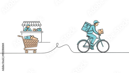 Delivery person on bicycle picks up parcels from a shop and cart