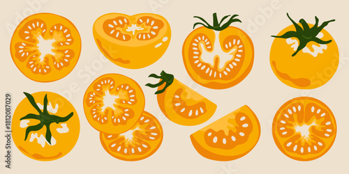 Yellow tomato set. Ripe tomatoes whole and sliced sections with seeds, cartoon fresh farm garden vegetables, organic vegetarian food product. Vector isolated collection