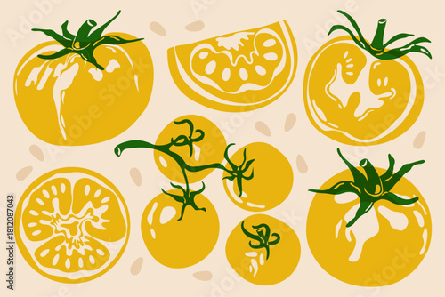 Yellow tomato set. Whole and sliced tomatoes, abstract fresh vegetables, food with green leaves and spots risograph effect, organic vegetarian products. Vector collection