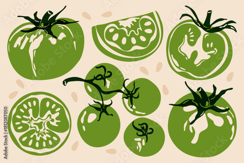 Green tomato set. Whole and sliced tomatoes, abstract fresh vegetables, food with green leaves and spots risograph effect, organic vegetarian products. Vector collection