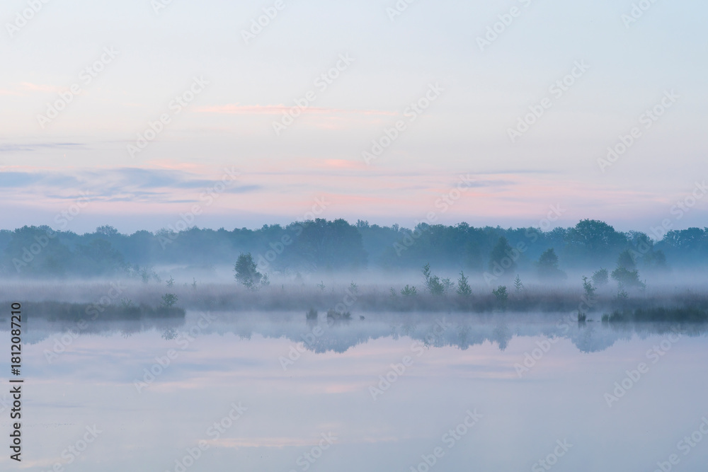 Fototapeta premium In the early morning a lake with a reflection of the sky and the trees. The sky is overcast and the air is cool and damp. The scene is quiet and peaceful, with the lake providing a sense of solitude a