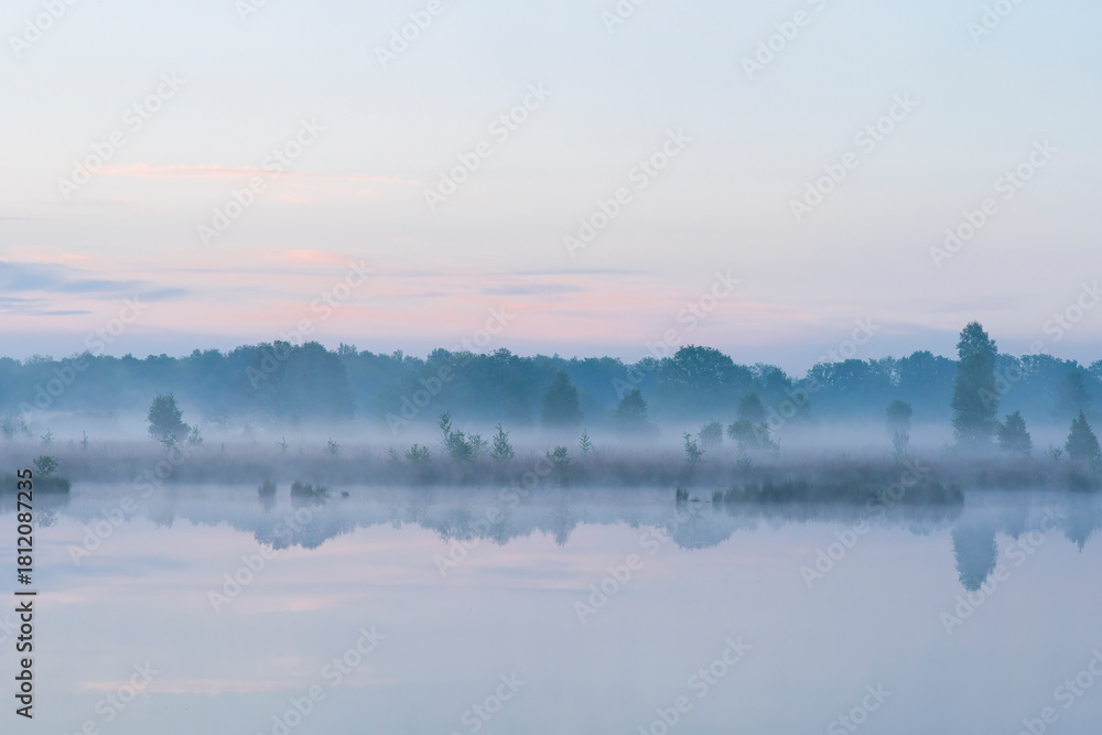 Fototapeta premium In the early morning a lake with a reflection of the sky and the trees. The sky is overcast and the air is cool and damp. The scene is quiet and peaceful, with the lake providing a sense of solitude a