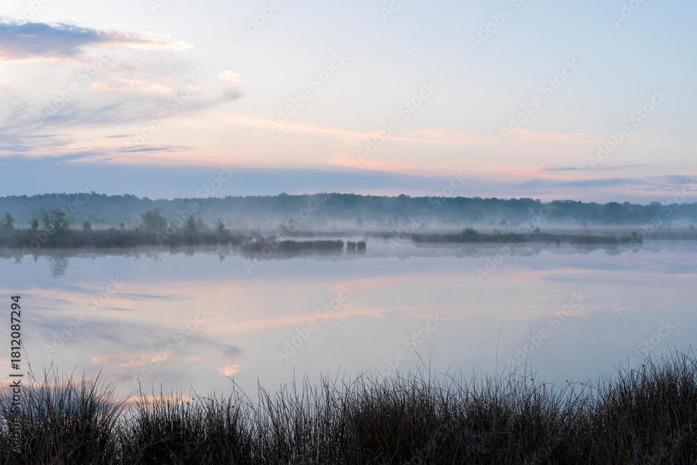 Obraz premium In the early morning a lake with a reflection of the sky and the trees. The sky is overcast and the air is cool and damp. The scene is quiet and peaceful, with the lake providing a sense of solitude a